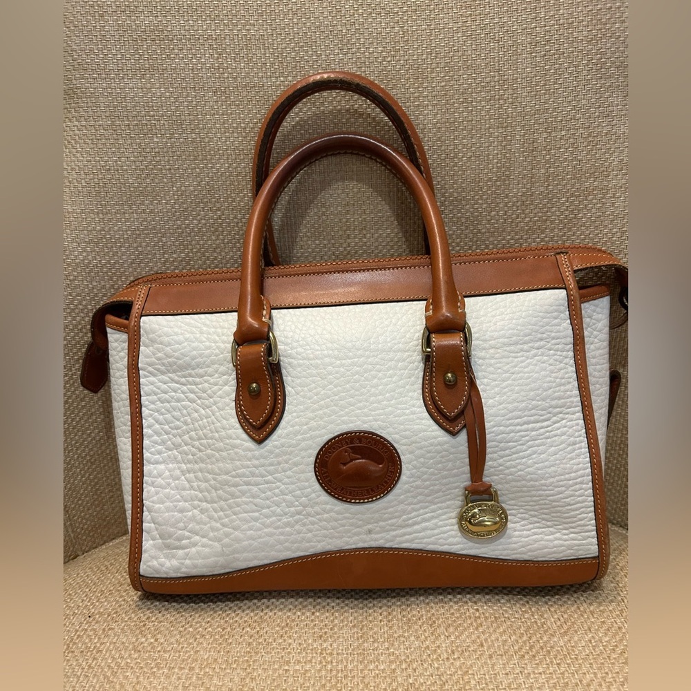 Dooney & Bourke White and Tan Pebbled Leather Satchel